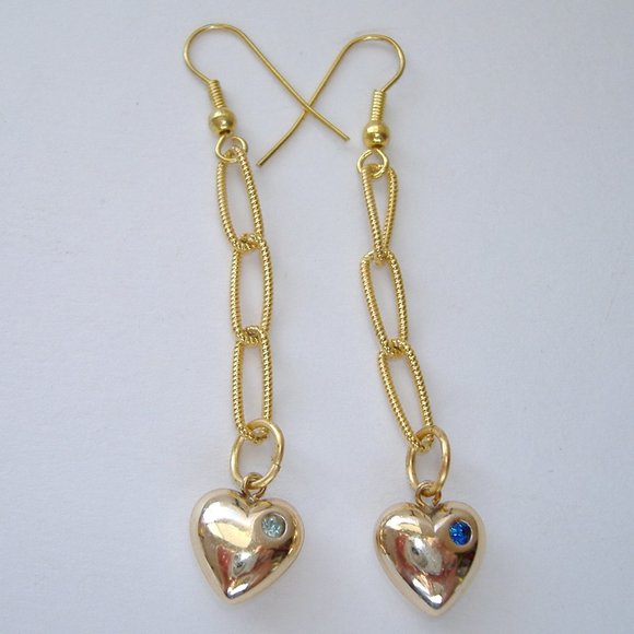 Heart Rhinestone Long Handmade Earrings Gold Metal Chain Aqua Blue Pierced Hook - Picture 1 of 6